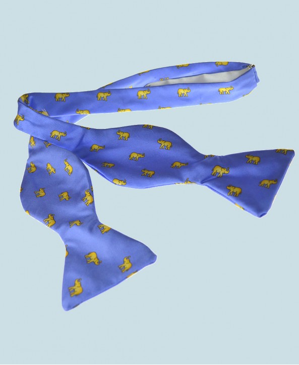 Fine Silk Lucky Elephant Pattern Self Tie Bow Tie in Light Blue and Yellow