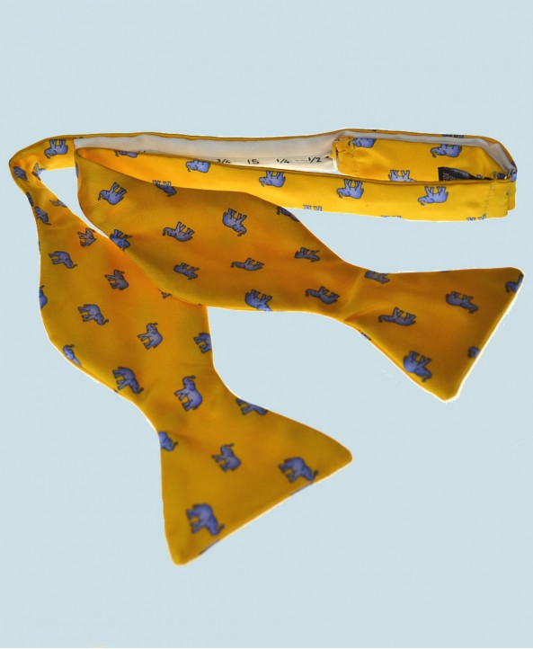 Fine Silk Lucky Elephant Pattern Self Tie Bow Tie in Yellow and Light Blue
