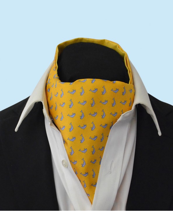 Silk Cravat in Yellow with Sky Blue Dolphins