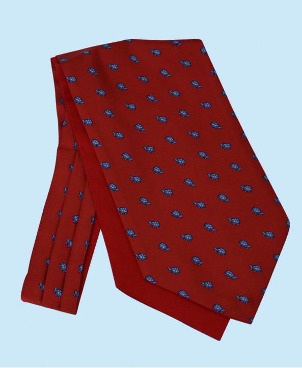 Silk Cravat in Classic Red with Sky Blue Turtles