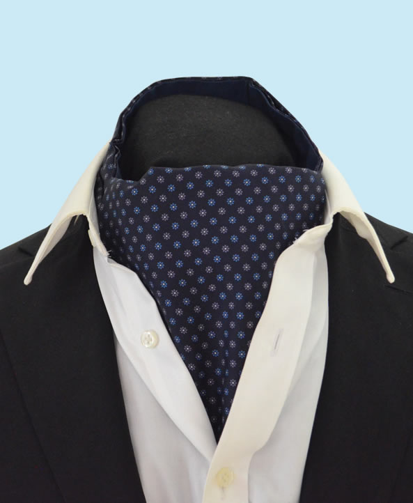 Silk Neat Cravat in Navy with Royal Blue Flower Design