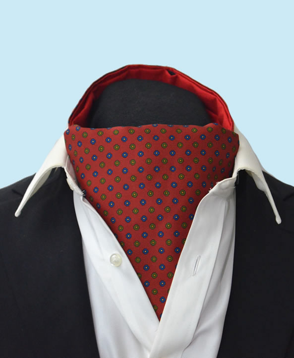 Silk Neat Cravat in Rich Red with Navy Flowers