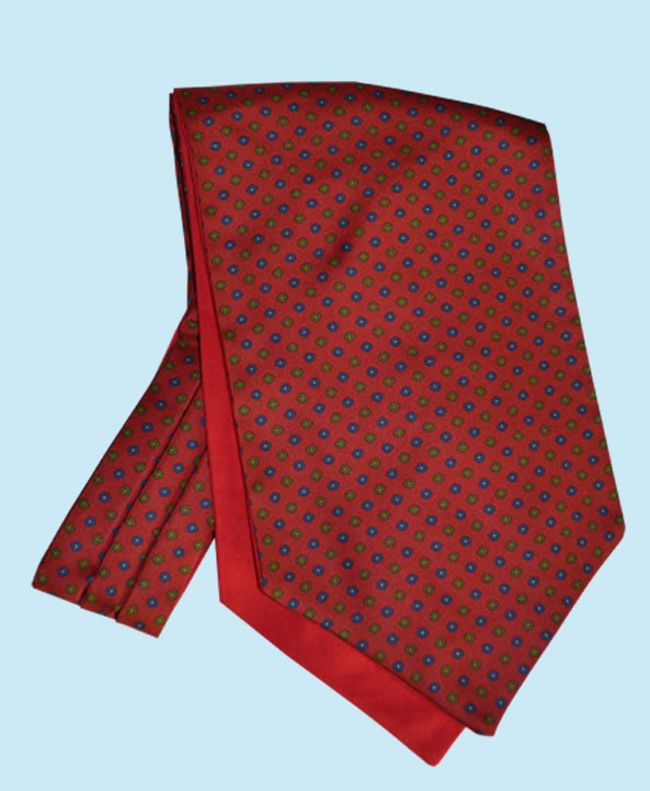 Silk Neat Cravat in Rich Red with Navy Flowers