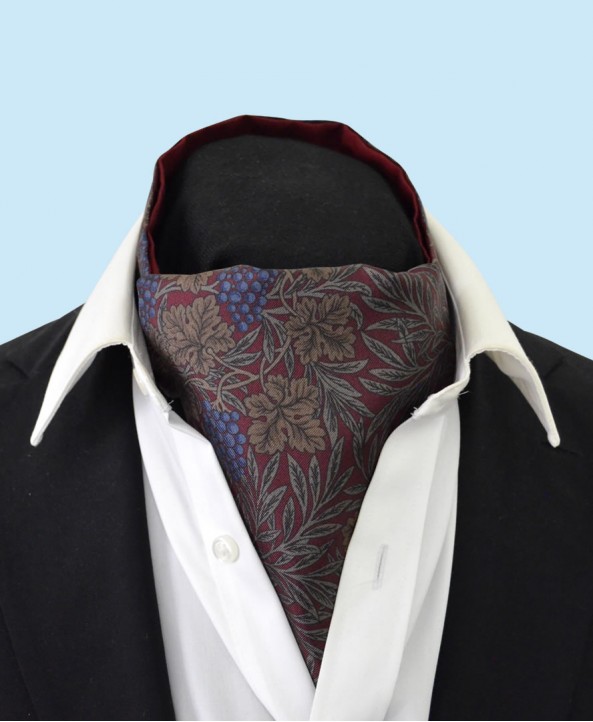 Silk Cravat with Purple Grapes and Vines on a Burgundy Background