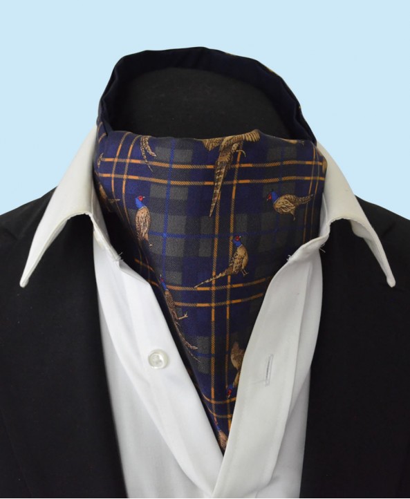 Silk Cravat with Tartan Design in Green and Gold on a Navy Background