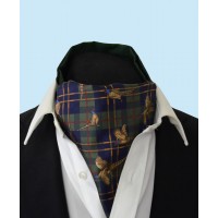 Silk Cravat with Tartan Design in Navy and Gold on a Green Background