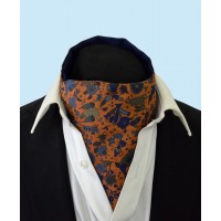 Silk Cravat with a Whimsical Secret Garden Design in Light Blue, Green and Navy on a Copper Background