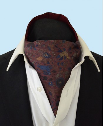 Silk Cravat with Whimsical Secret Garden Design in Sea Blue, Copper and Navy on a Burgundy Background