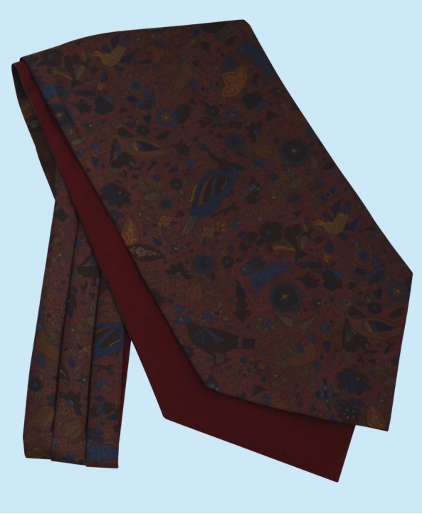 Silk Cravat with Whimsical Secret Garden Design in Sea Blue, Copper and Navy on a Burgundy Background