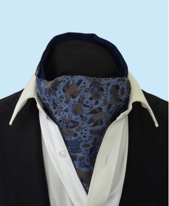 Silk Cravat with a Whimsical Secret Garden Design in Olive Green and Navy on a Stonewashed Denim Style Background