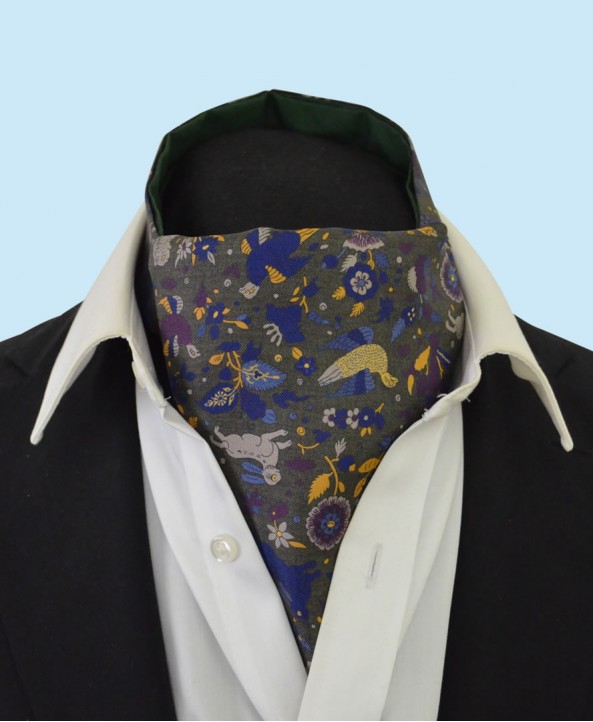 Silk Cravat with Whimsical Secret Garden Design in Light Green, Gold and Purple on a Green Background