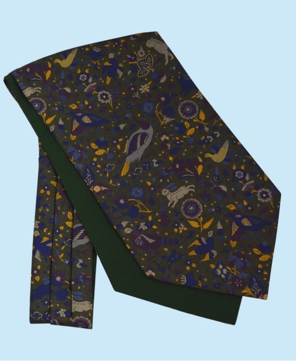 Silk Cravat with Whimsical Secret Garden Design in Light Green, Gold and Purple on a Green Background