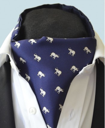 Fine Silk Lucky Elephant Pattern Cravat in Navy and White