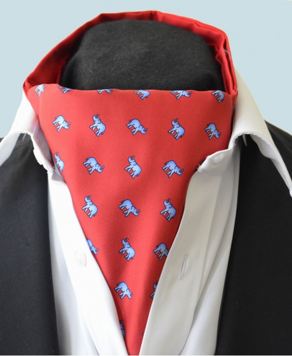 Fine Silk Lucky Elephant Pattern Cravat in Red and Light Blue