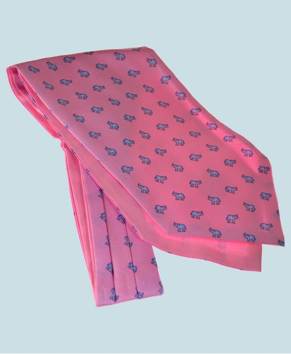 Fine Silk Lucky Elephant Pattern Cravat in Pink and Light Blue