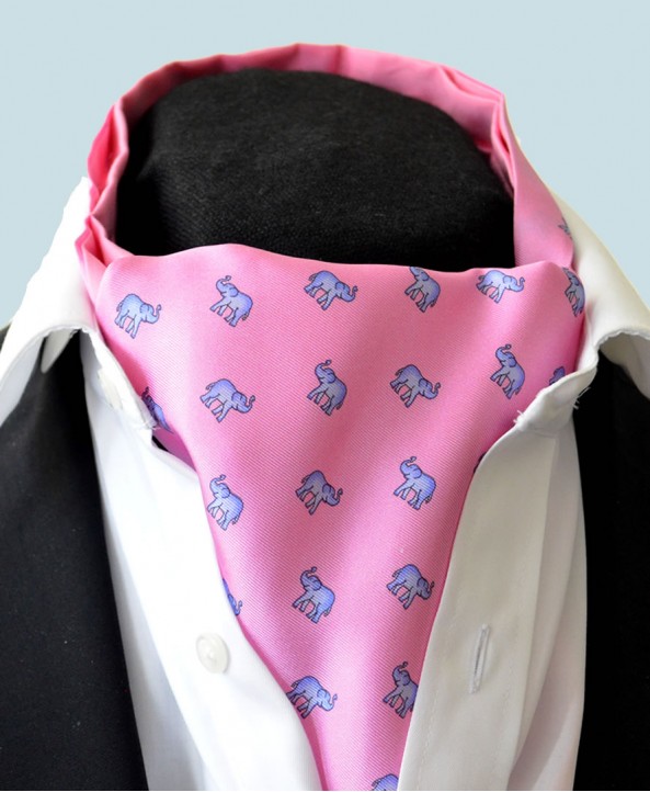Fine Silk Lucky Elephant Pattern Cravat in Pink and Light Blue