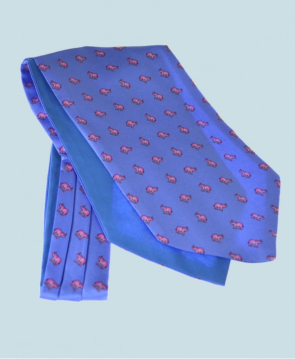 Fine Silk Lucky Elephant Pattern Cravat in Light Blue and Pink