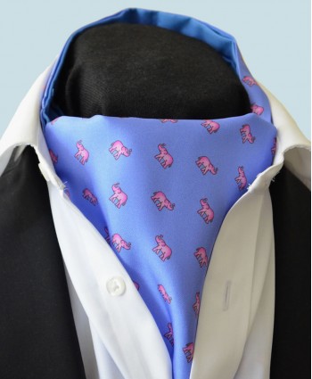 Fine Silk Lucky Elephant Pattern Cravat in Light Blue and Pink