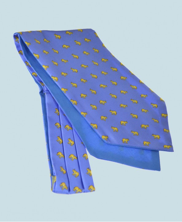 Fine Silk Lucky Elephant Pattern Cravat in Light Blue and Yellow