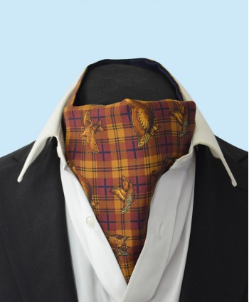 Silk Cravat with Bronze Grouse Town and Country Style on a Rusty Red Background
