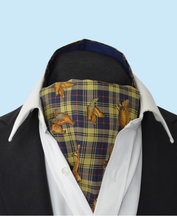 Silk Cravat with Dark Golden Grouse Town and Country Style on a Gold and Navy Background