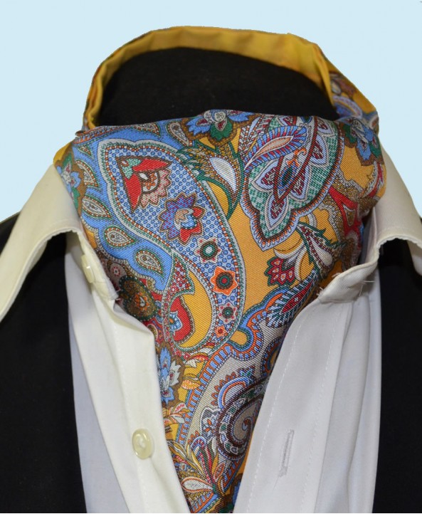 Fine Silk Carnaby Carnival Paisley Pattern Cravat in Golden Yellow