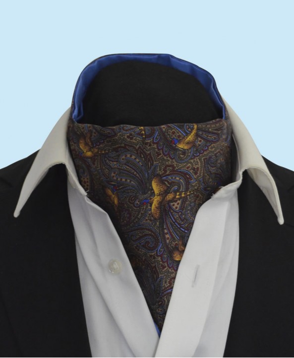 Silk Cravat with Golden Pheasants Town and Country Style on Green Background