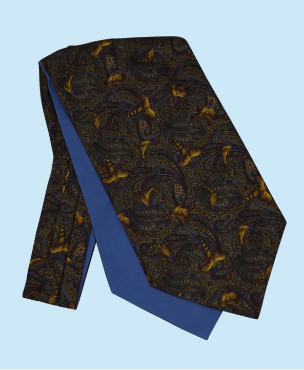 Silk Cravat with Golden Pheasants Town and Country Style on Green Background