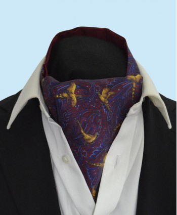 Silk Cravat with Golden Pheasants Town and Country Style on Navy Background