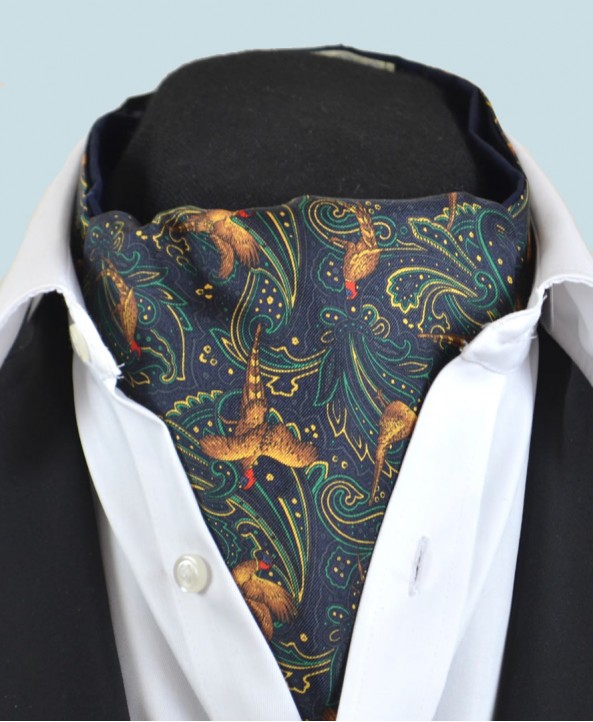 Fine Silk Pheasant and Paisley Pattern Cravat in Navy