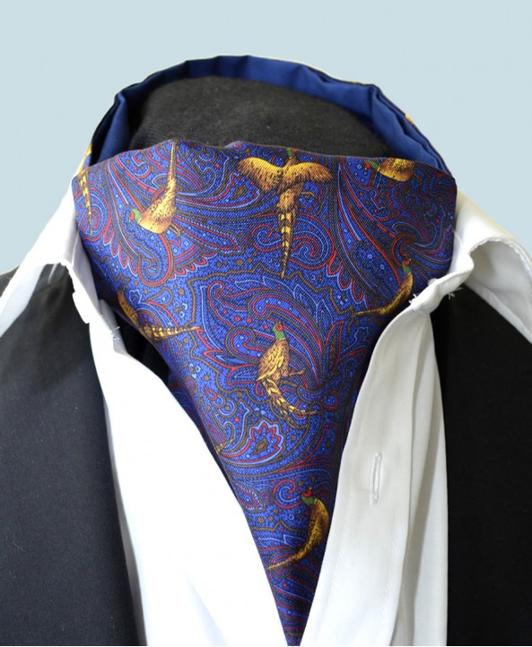 Fine Silk Pheasant and Paisley Pattern Cravat in Blue