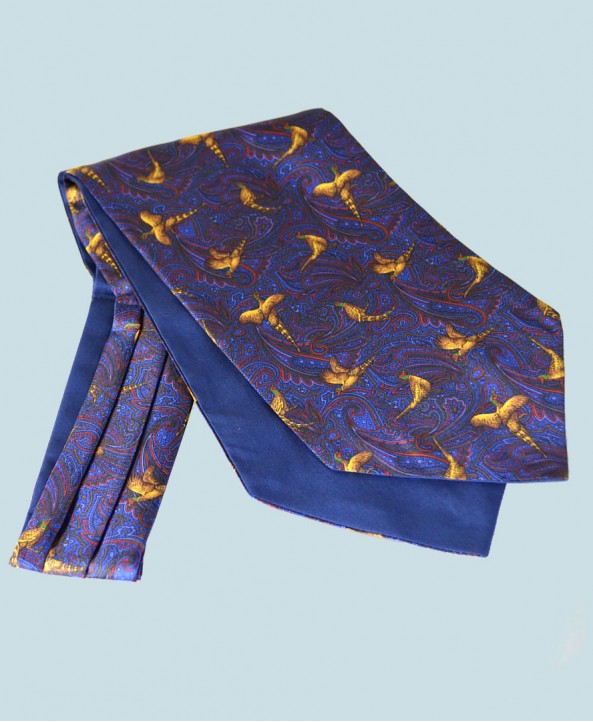 Fine Silk Pheasant and Paisley Pattern Cravat in Blue