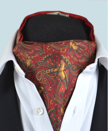 Fine Silk Pheasant and Paisley Pattern Cravat in Red
