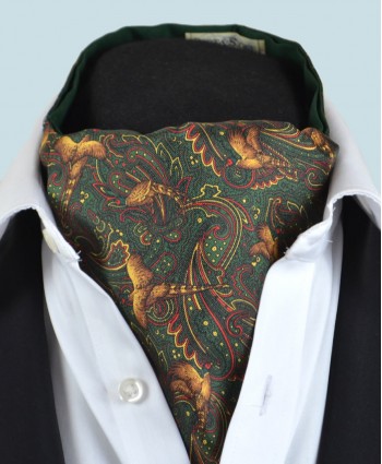 Fine Silk Pheasant and Paisley Pattern Cravat in Green