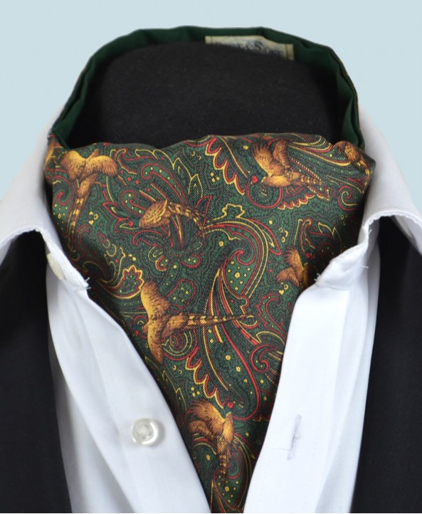 Fine Silk Pheasant and Paisley Pattern Cravat in Green