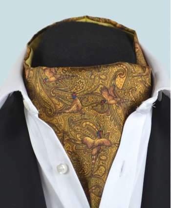 Fine Silk Pheasant and Paisley Pattern Cravat in Gold