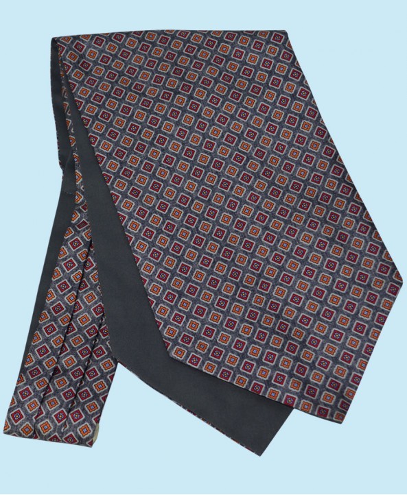 Silk Cravat with Neat Squares Design in Grey