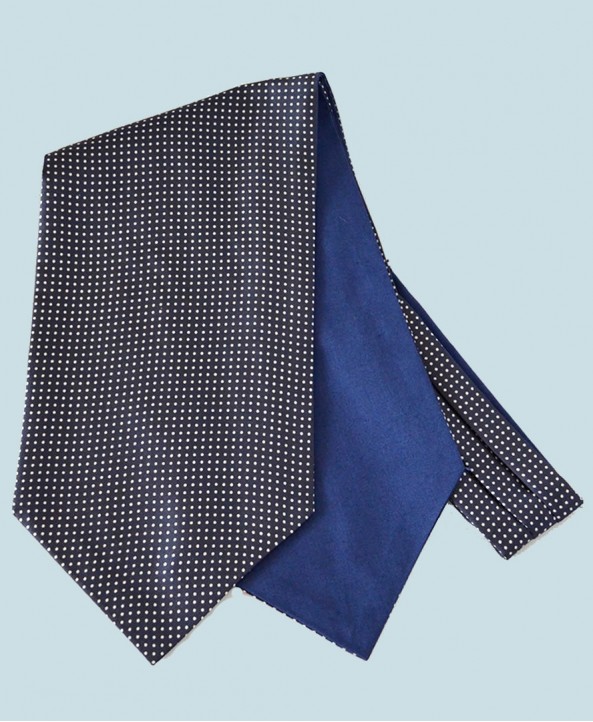 Fine Silk Spotted Cravat with Small White Spots on Navy Blue