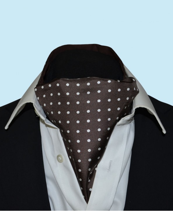 Silk Cravat in Dark Brown with White Spots