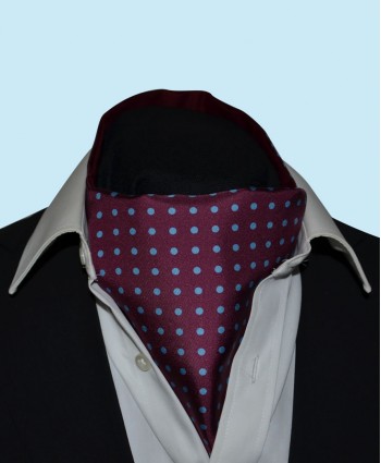 Silk Cravat in Wine Red with Sky Blue Spots