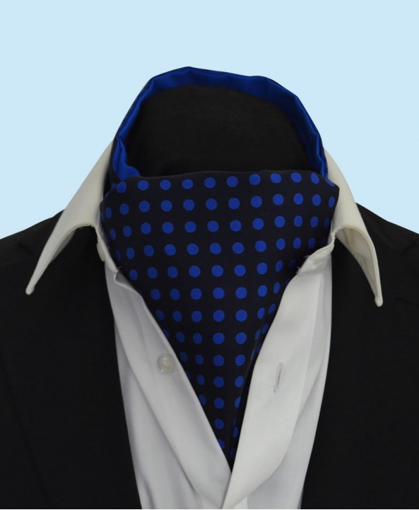 Silk Cravat in Navy Blue with Royal Blue Polka Dots
