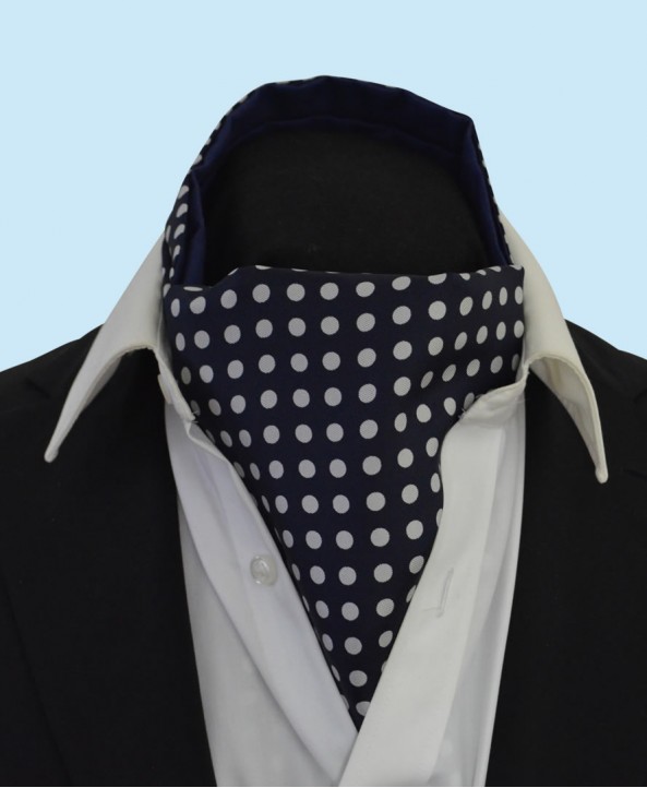 Silk Cravat in Navy Blue with White Polka Dots