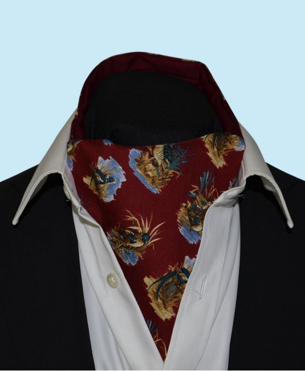 Wool and Cotton Cravat with Water Birds on a Burgundy Background