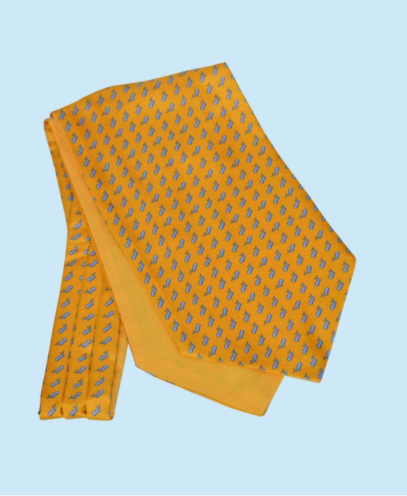 Silk Cravat in Yellow with Sky Blue Whales