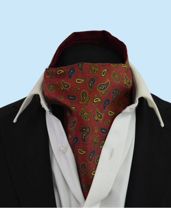Silk Cravat in a  Whimsical  Navy and Gold Pattern on a Deep Red Background