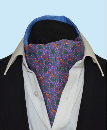Silk Cravat Strawberry thief in Regal Purple with hints of Yellow, Green and Pink