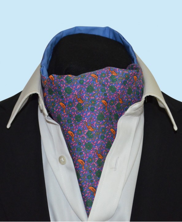 Silk Cravat Strawberry thief in Regal Purple with hints of Yellow, Green and Pink