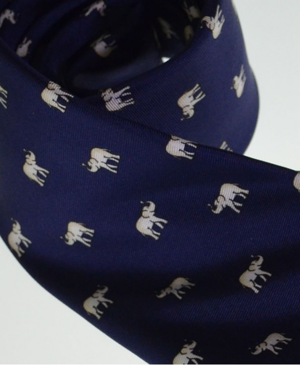 Fine Silk Lucky Elephant Pattern Tie in Navy and White
