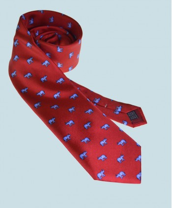 Fine Silk Lucky Elephant Pattern Tie in Red and Light Blue
