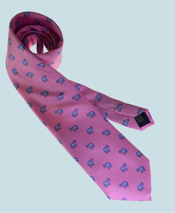 Fine Silk Lucky Elephant Pattern Tie in Pink and Light Blue